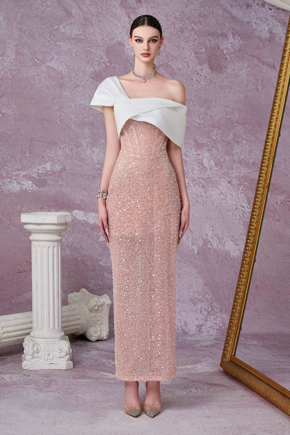 Meteor Sheath Sequin Mesh Lace Ankle Length Dress