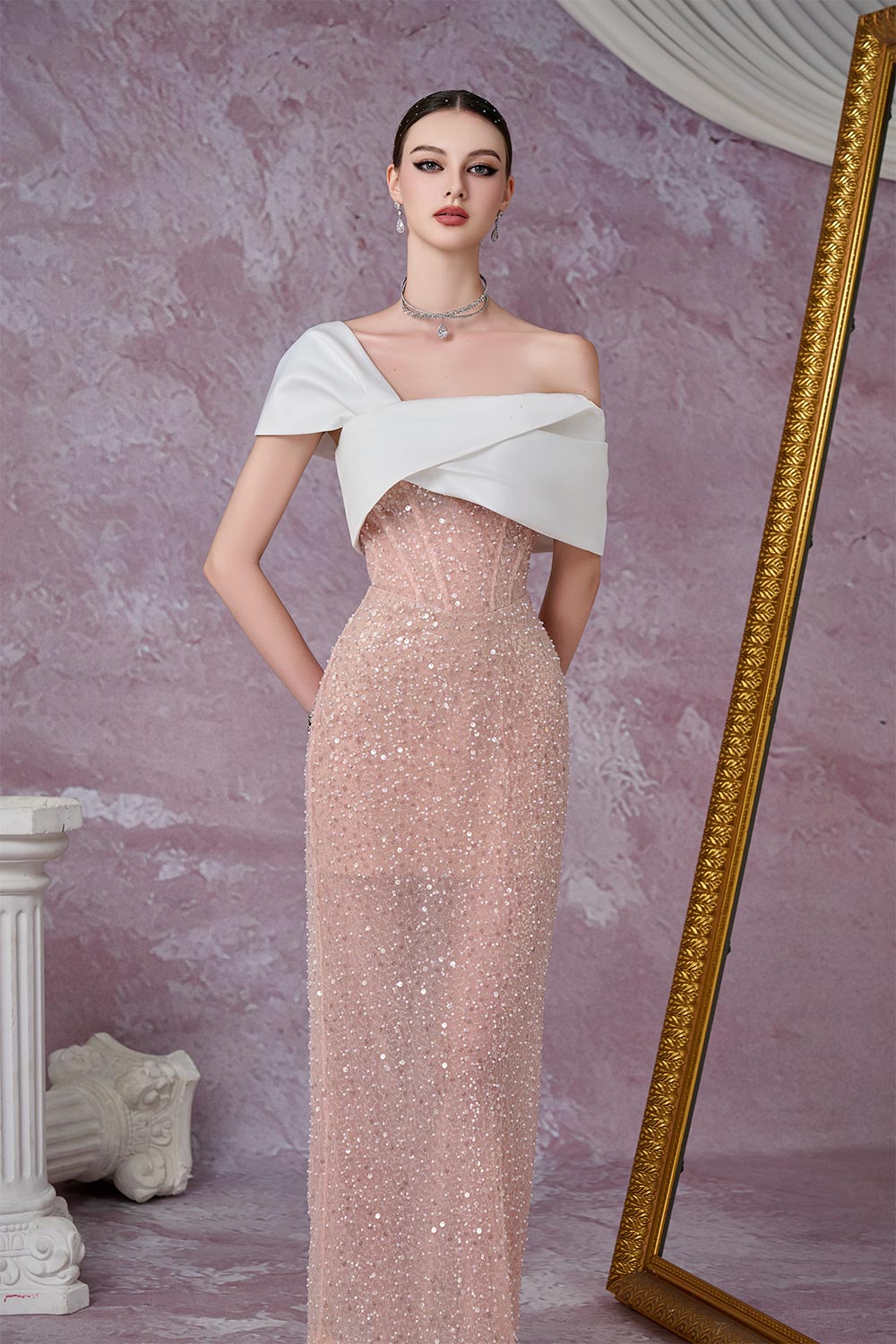 Women's Meteor Sheath Sequin Mesh Lace Ankle Length Dress S/M/L/Customize Pink Nude Mean Blvd Pink Nude / S