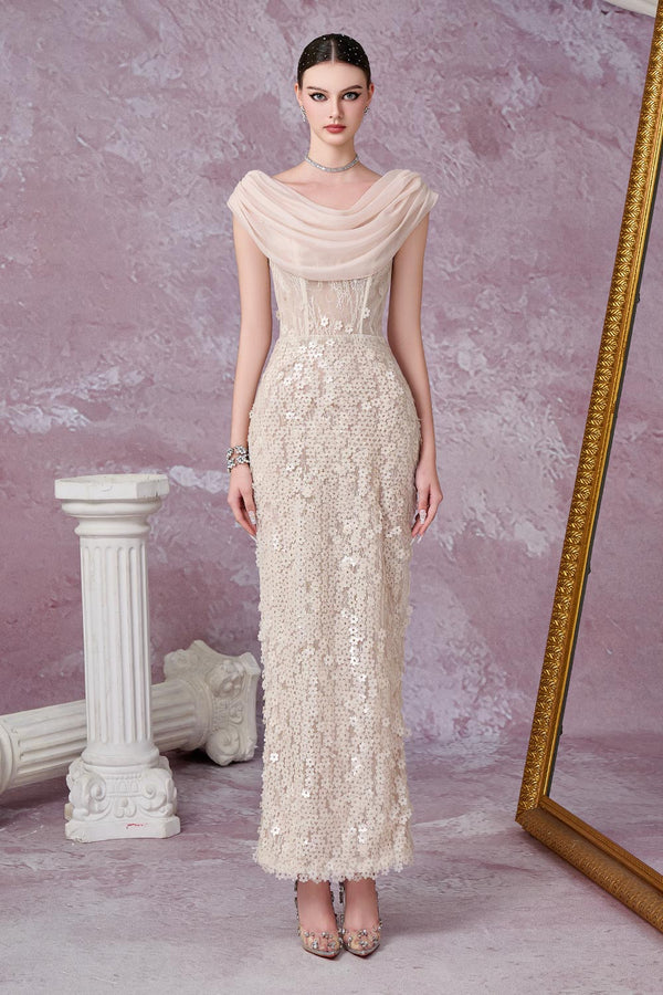 Solviva Sheath Cowl Neck Mesh Lace Ankle Length Dress