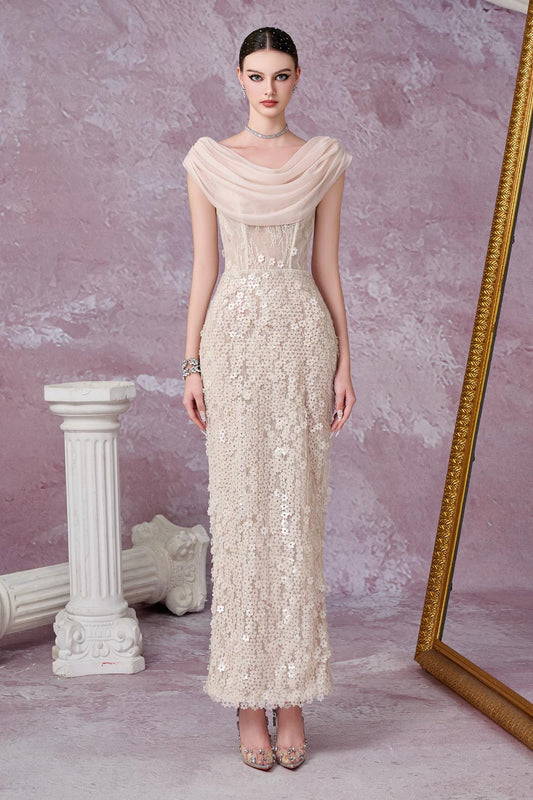 Solviva Sheath Cowl Neck Mesh Lace Ankle Length Dress