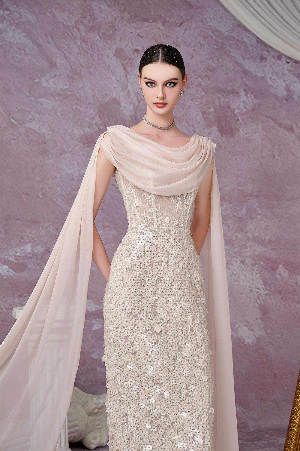 Solviva Sheath Cowl Neck Mesh Lace Ankle Length Dress