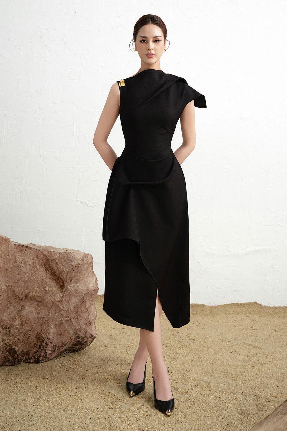 Calla Asymmetric Front Slit Twill Midi Dress - MEAN BLVD