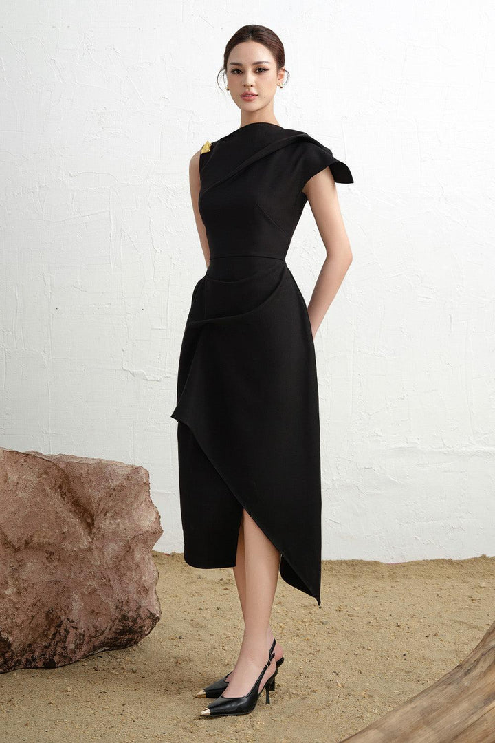 Women's Calla Asymmetric Front Slit Twill Midi Dress XS/S/M/L/XL