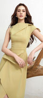 Calla Asymmetric Front Slit Twill Midi Dress - MEAN BLVD