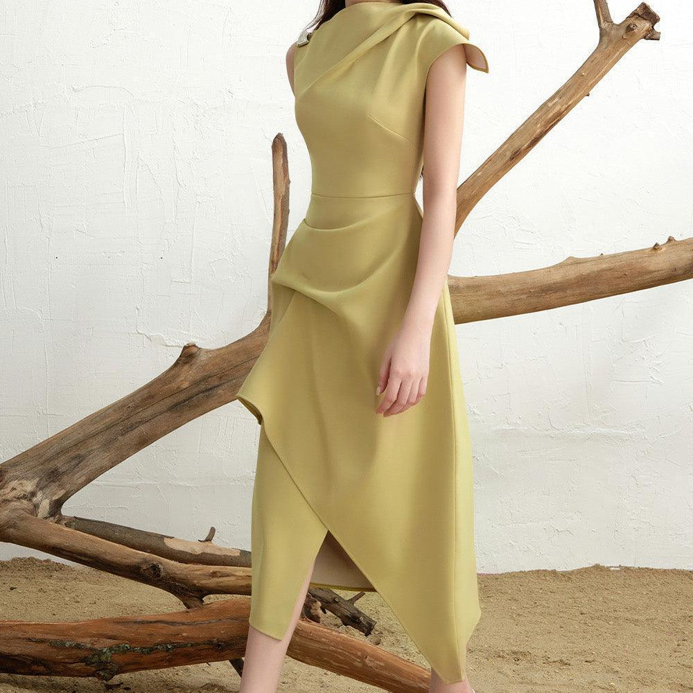 Calla Asymmetric Front Slit Twill Midi Dress - MEAN BLVD
