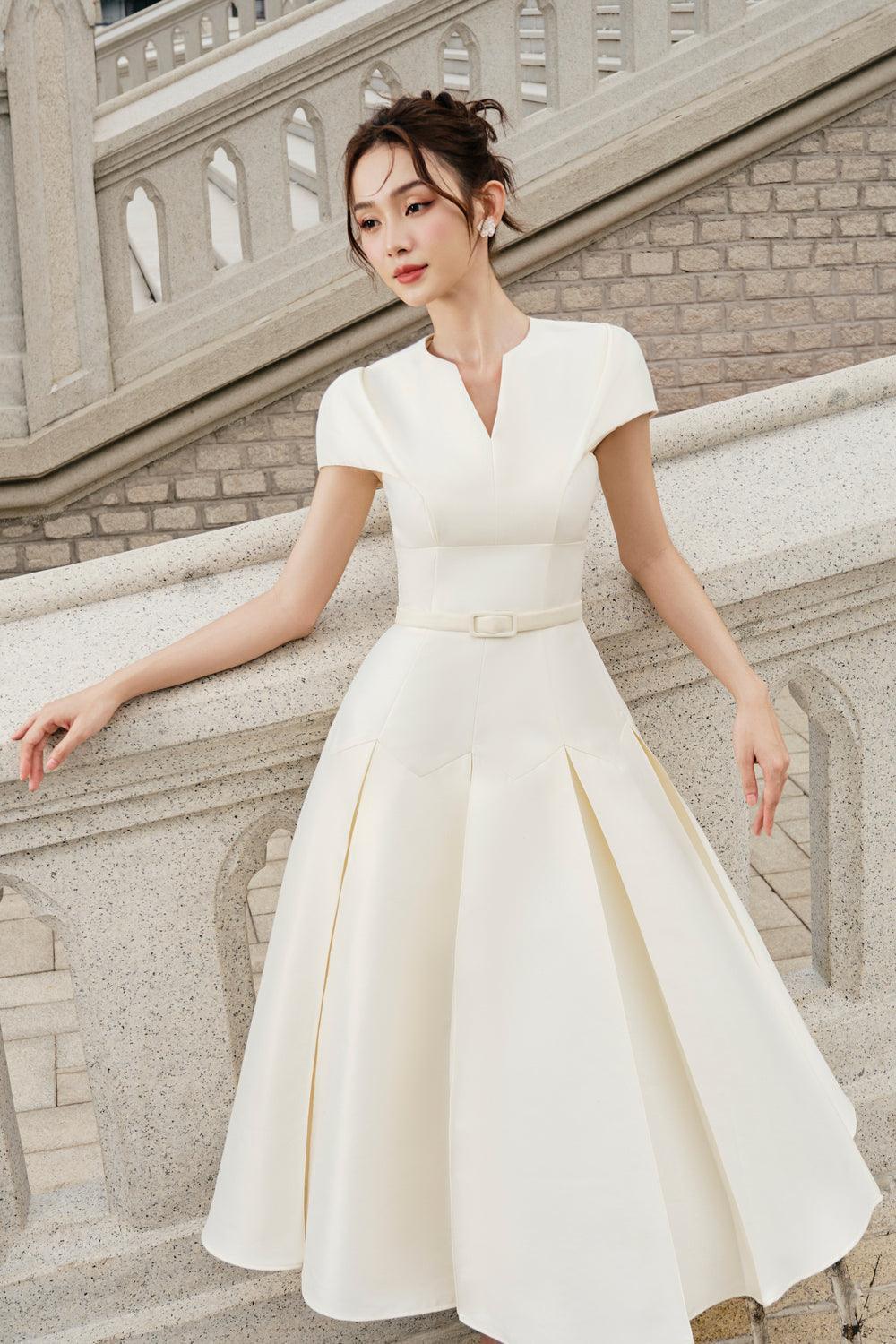 Women's Calla Drop Waist Box Pleated Rayon Midi Dress S/M/L Cream MEAN BLVD L / Cream Women's Calla Drop Waist Box Pleated Rayon Midi Dress S/M/L Cream MEAN BLVD L / Cream