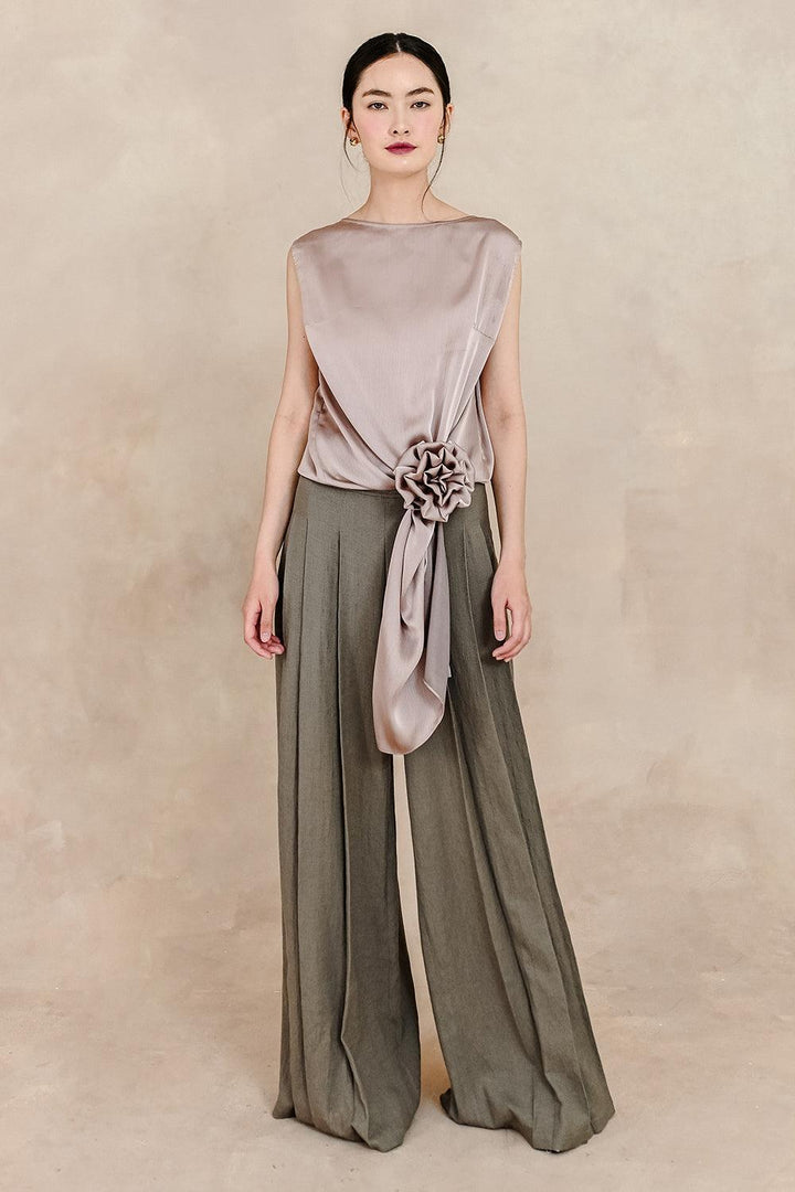 Calliope Pleated Wide Leg Silk Linen Floor Length Pants - MEAN BLVD