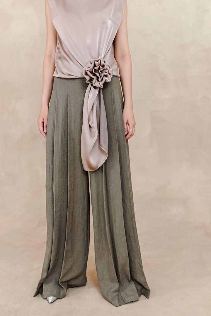 Calliope Pleated Wide Leg Silk Linen Floor Length Pants - MEAN BLVD