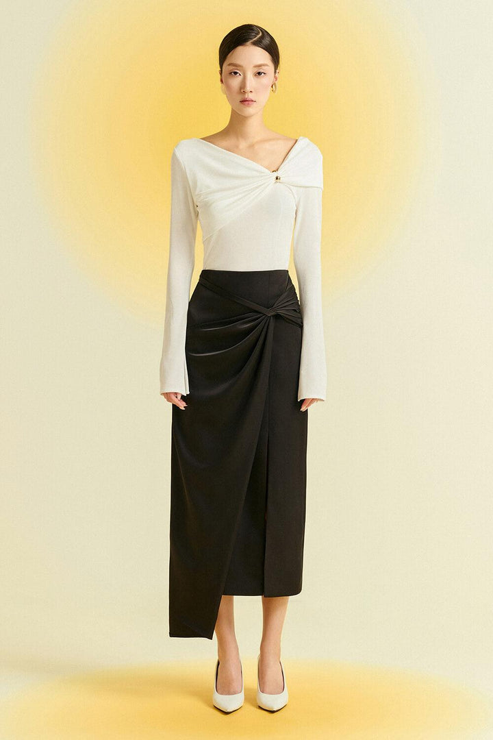 Camellia Asymmetric Twisted Silk Midi Skirt - MEAN BLVD