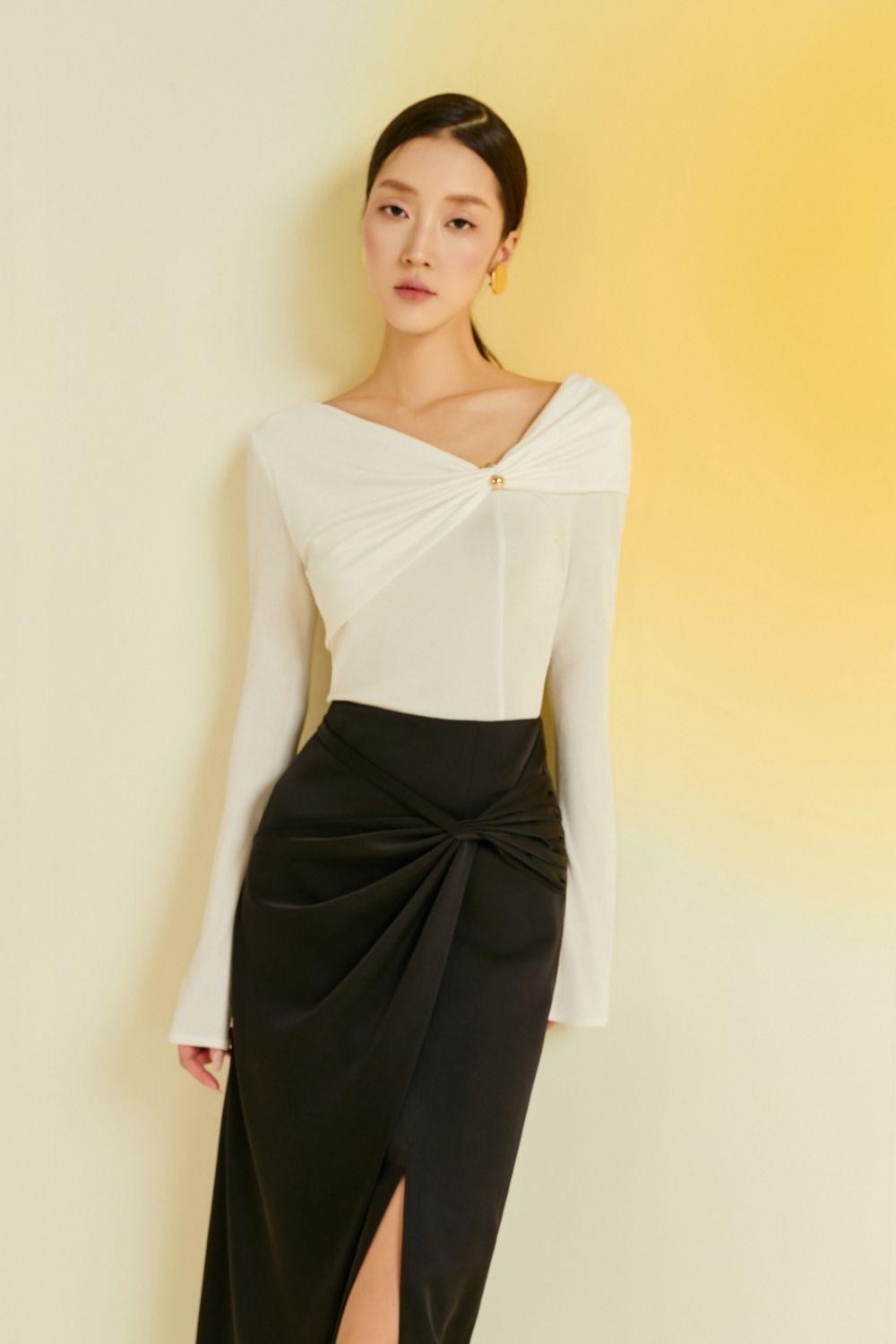 Camellia Asymmetric Twisted Silk Midi Skirt - MEAN BLVD