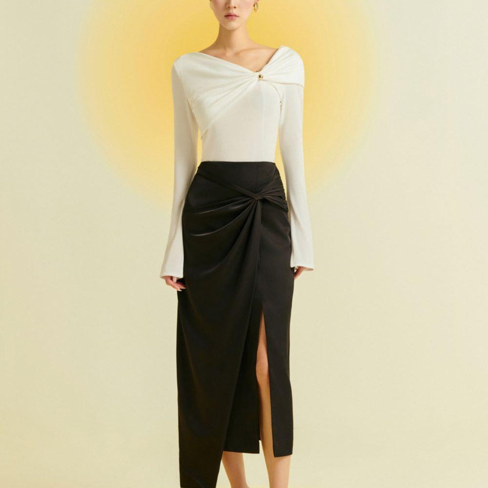 Camellia Asymmetric Twisted Silk Midi Skirt - MEAN BLVD