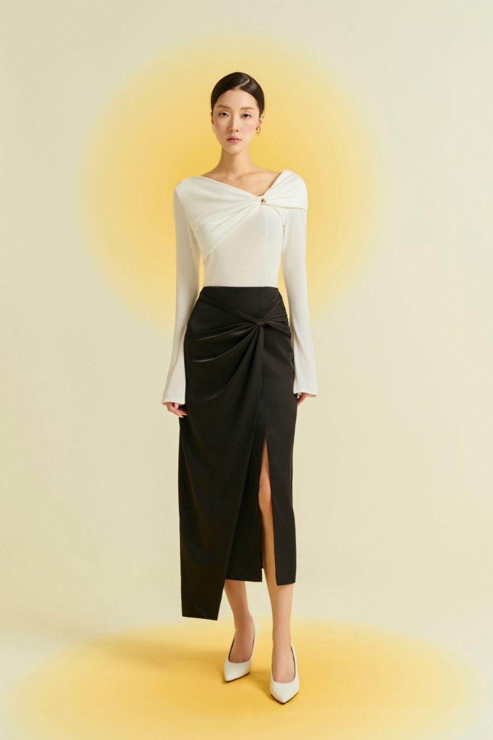 Camellia Asymmetric Twisted Silk Midi Skirt - MEAN BLVD
