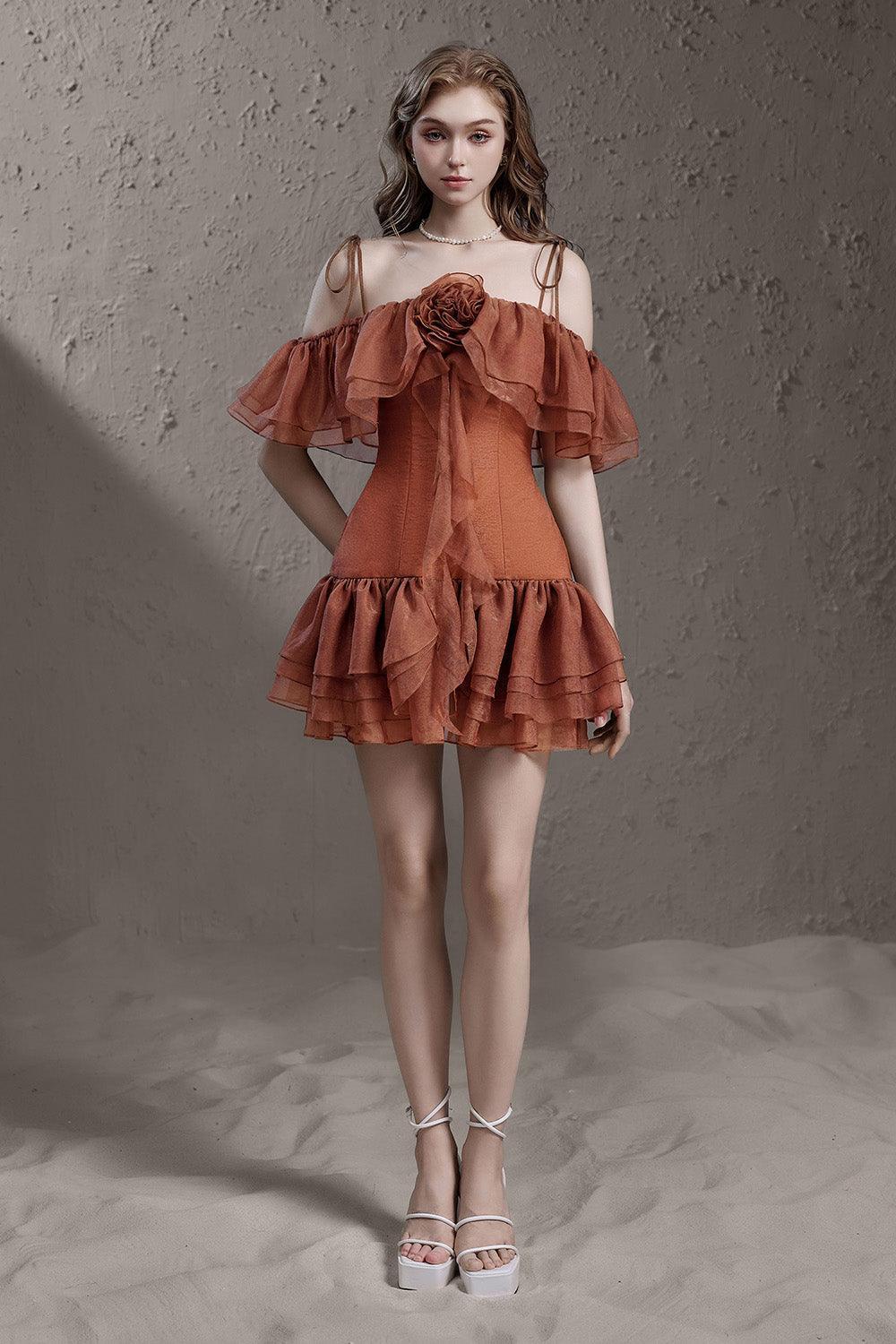 camellia mini dress Women's Camellia Drop Waist Cold Shoulder Sleeved Silk Mini Dress S/M/L/Customize Ochre/Grey MEAN BLVD Ochre / L