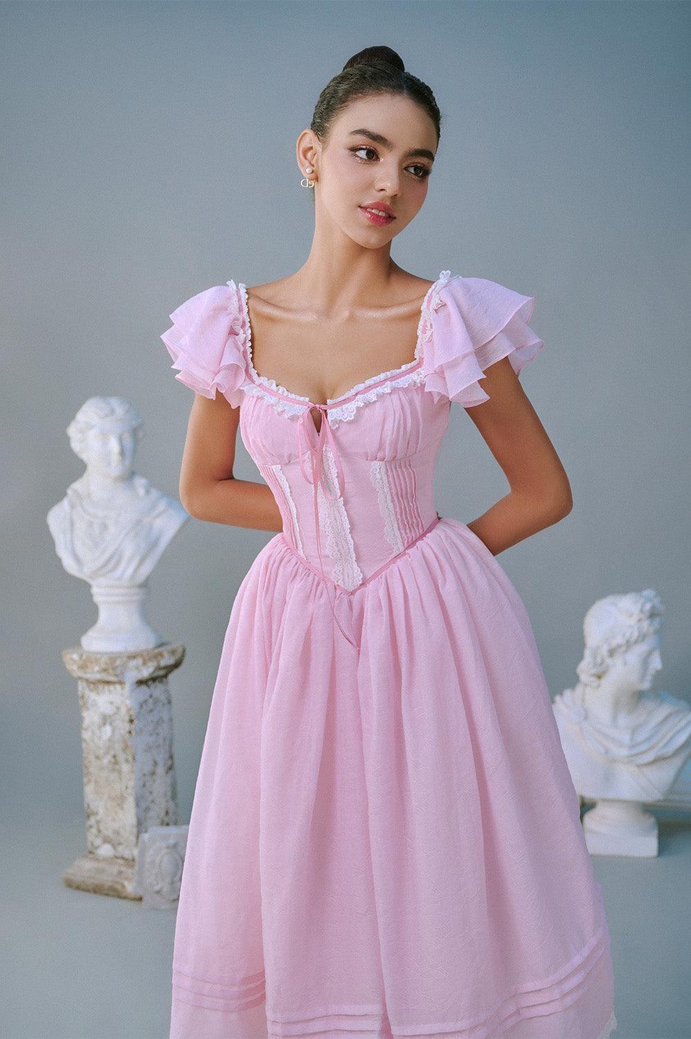 Women's Camellia Fit and Flare Flutter Sleeved Mesh Silk Midi Dress XS/S/M/L/Customize Baby Pink/White Plain/Floral MEAN BLVD Women's Camellia Fit and Flare Flutter Sleeved Mesh Silk Midi Dress XS/S/M/L/Customize Baby Pink/White Plain/Floral MEAN BLVD