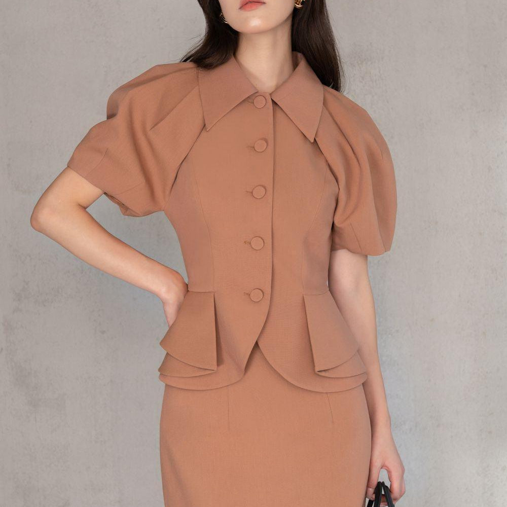 Camilla Peplum Puffy Sleeved Twill Top - MEAN BLVD