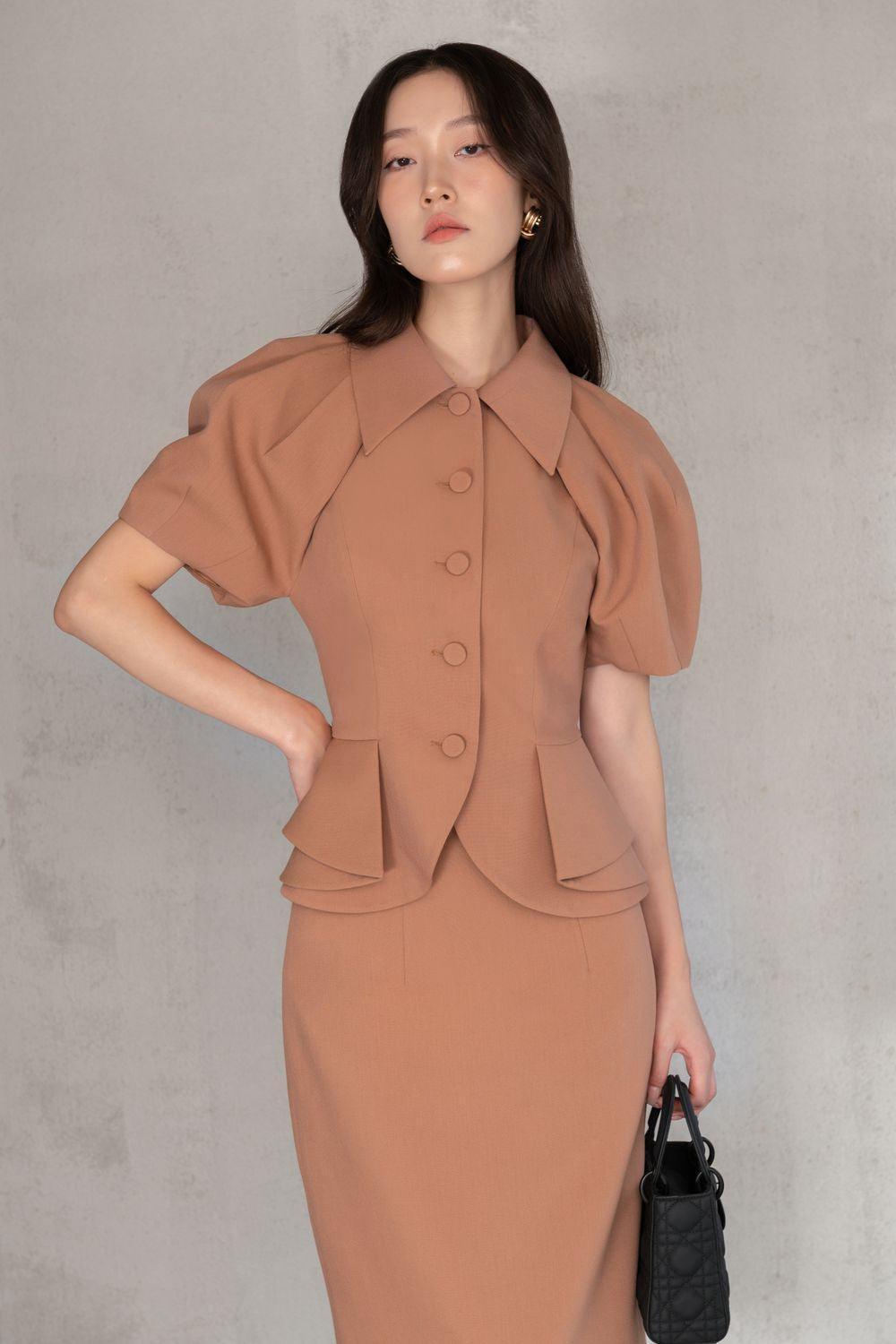 Camilla Peplum Puffy Sleeved Twill Top - MEAN BLVD
