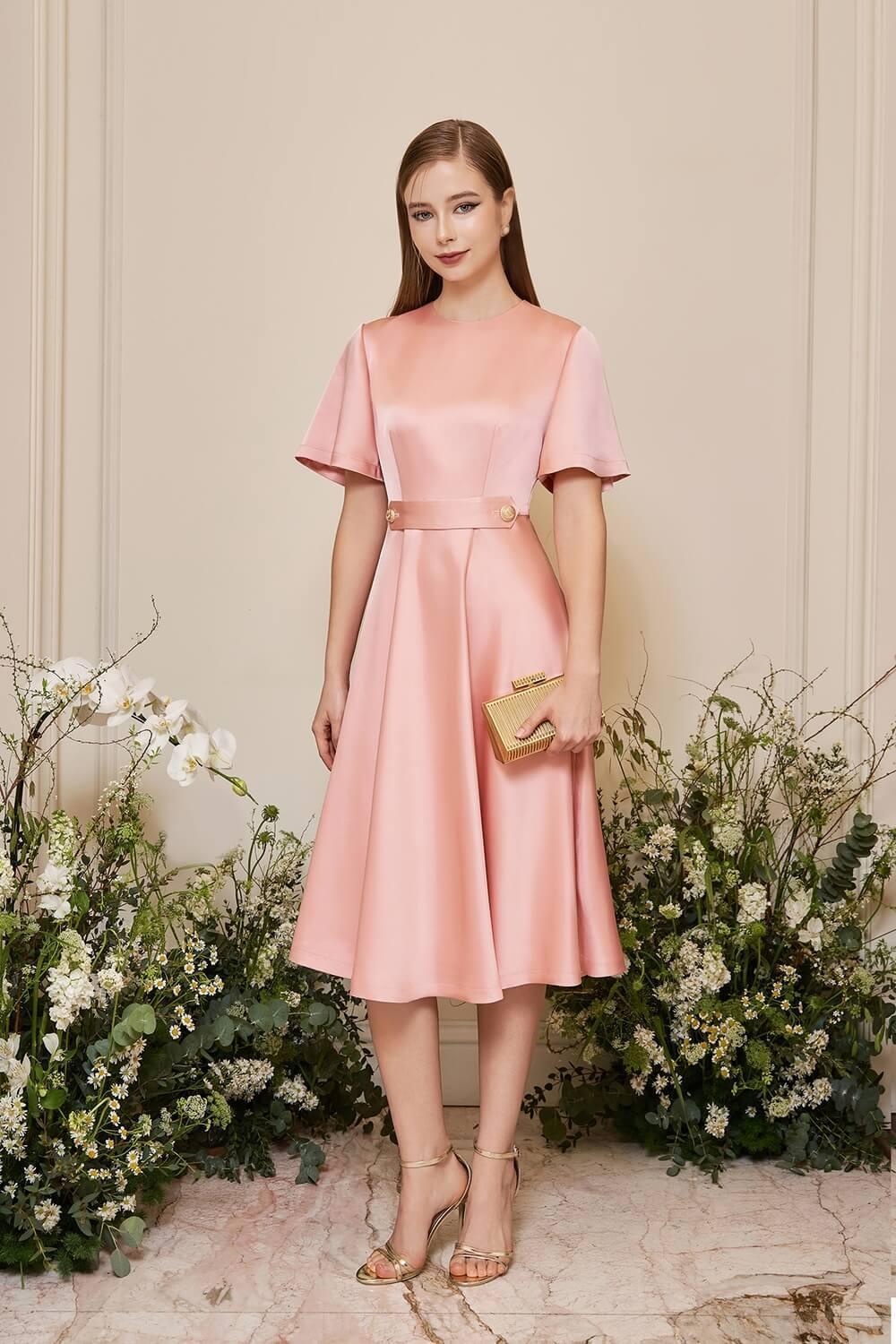 Camille Fit and Flare Round Neck Taffeta Silk Midi Dress - MEAN BLVD
