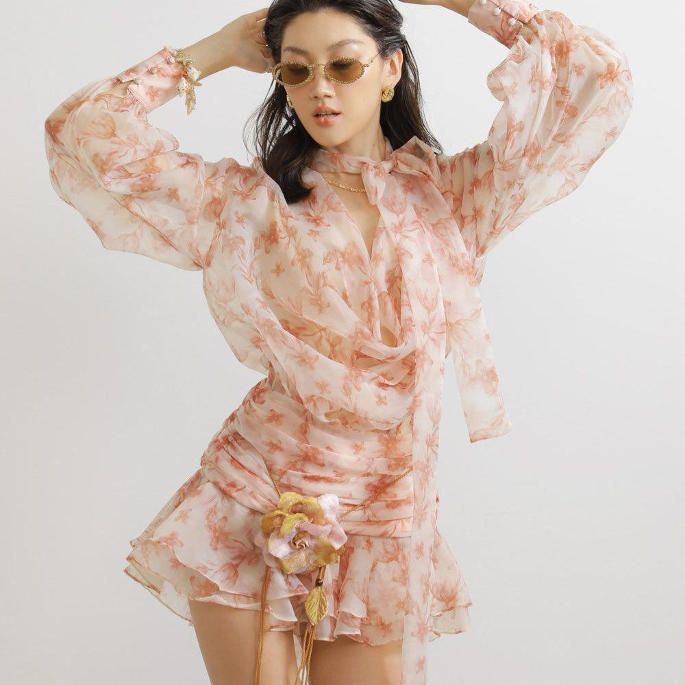 Camryn Blouson Tie Neck Chiffon Mini Dress - MEAN BLVD