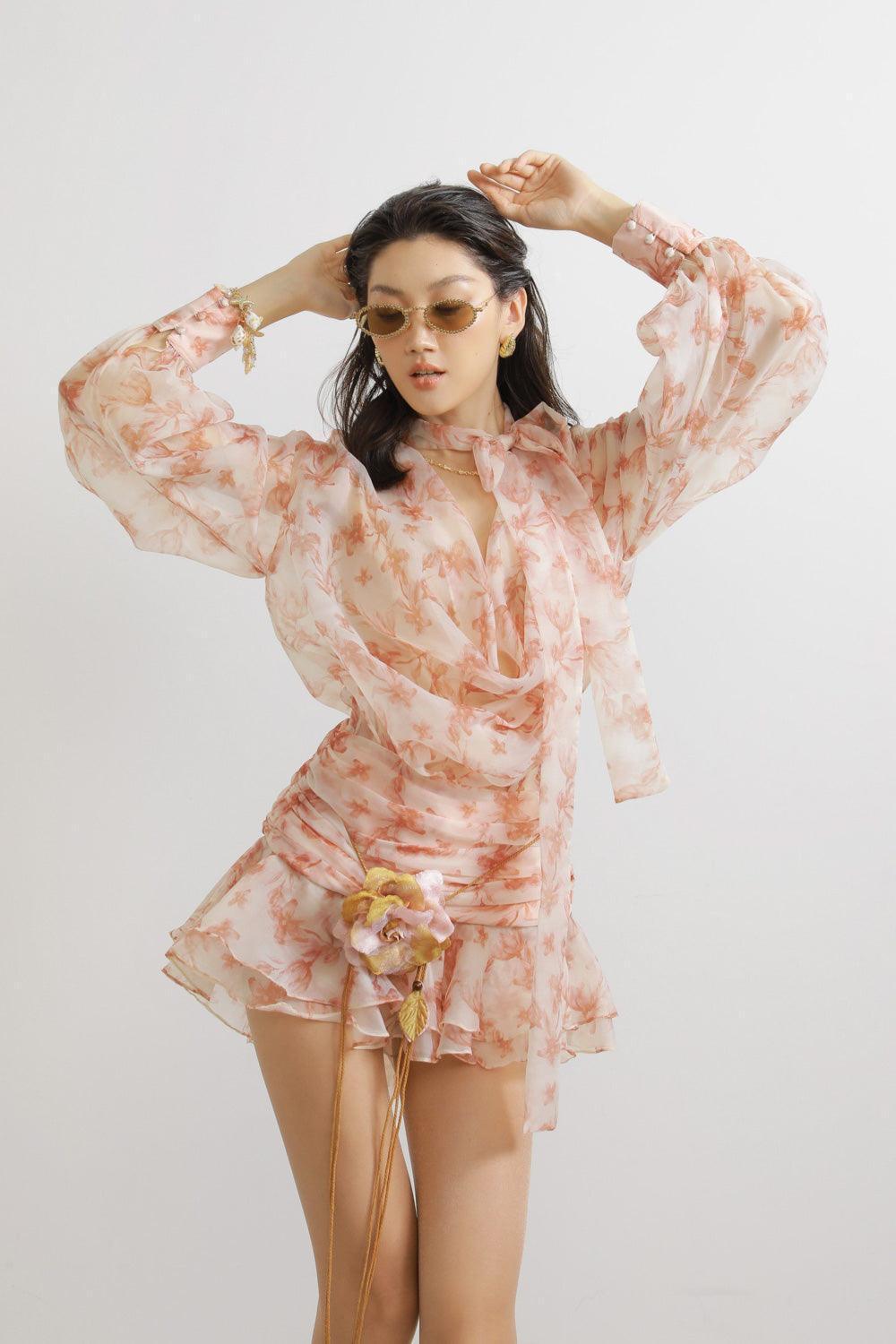 white christmas dresses Women's Camryn Blouson Tie Neck Chiffon Mini Dress XXS/XS/S/M/L Peach  Floral MEAN BLVD