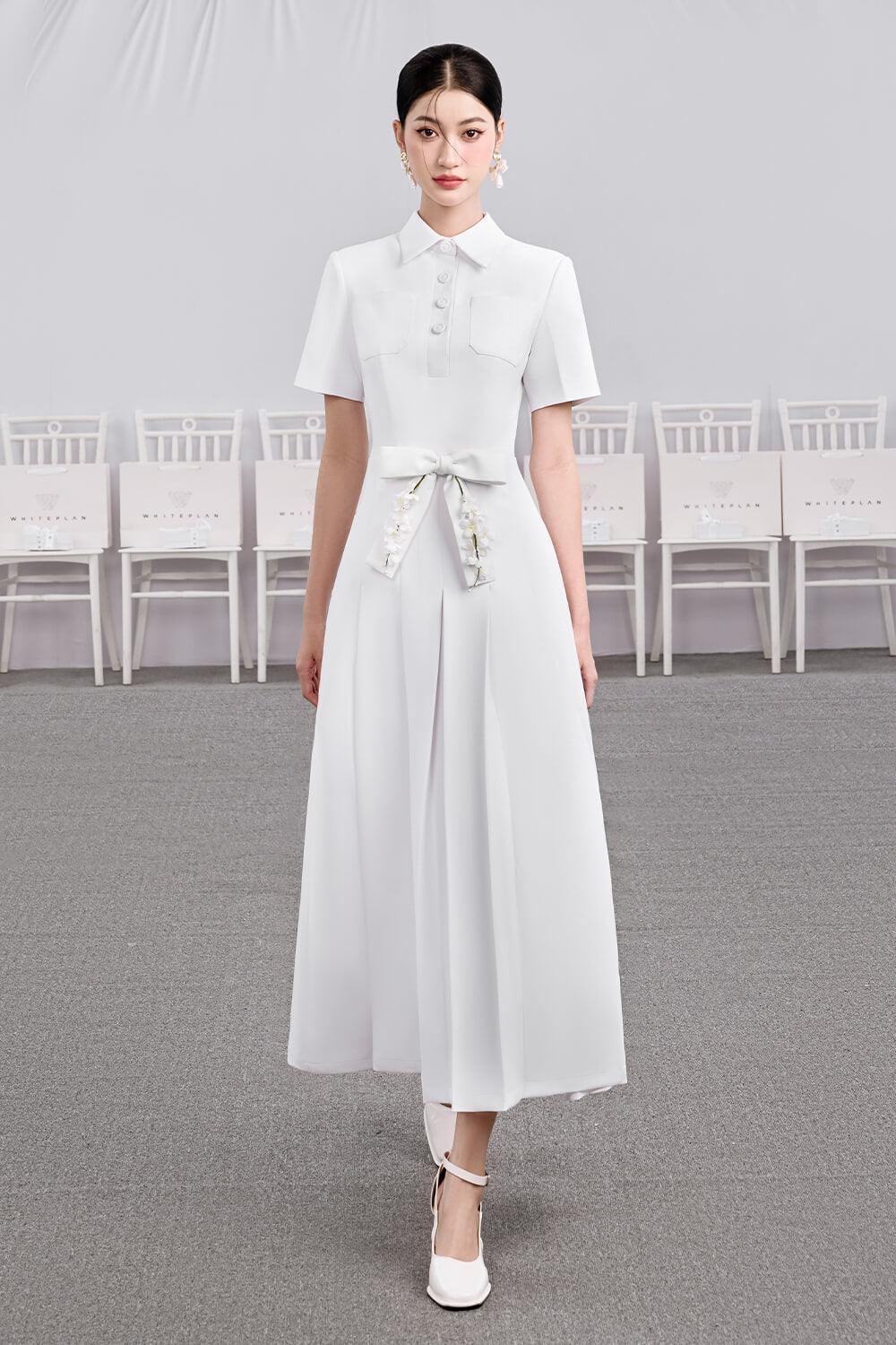 Candle A-line Collared Neck Cotton Midi Dress M / White