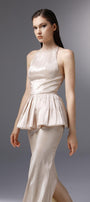 Candlelit Peplum Jewel Neck Silk Floor Length Dress - MEAN BLVD