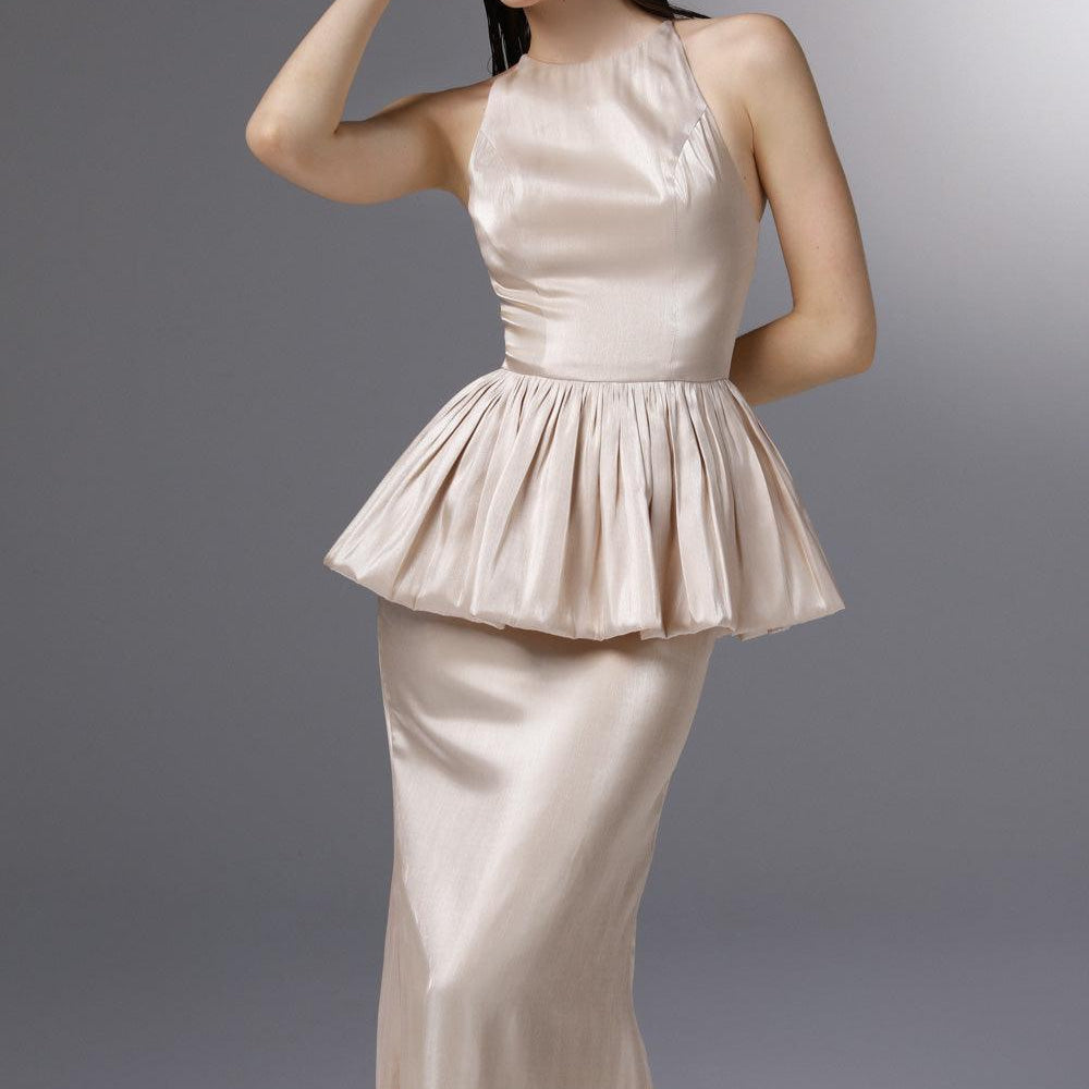 Candlelit Peplum Jewel Neck Silk Floor Length Dress - MEAN BLVD