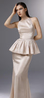 Candlelit Peplum Jewel Neck Silk Floor Length Dress - MEAN BLVD