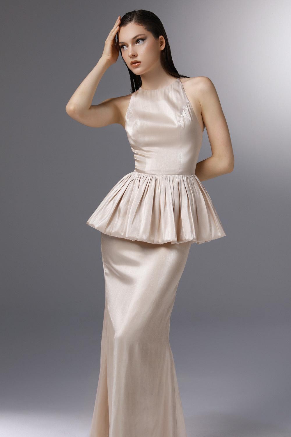 Women's Candlelit Peplum Jewel Neck Silk Floor Length Dress 0/1/2 Beige MEAN BLVD