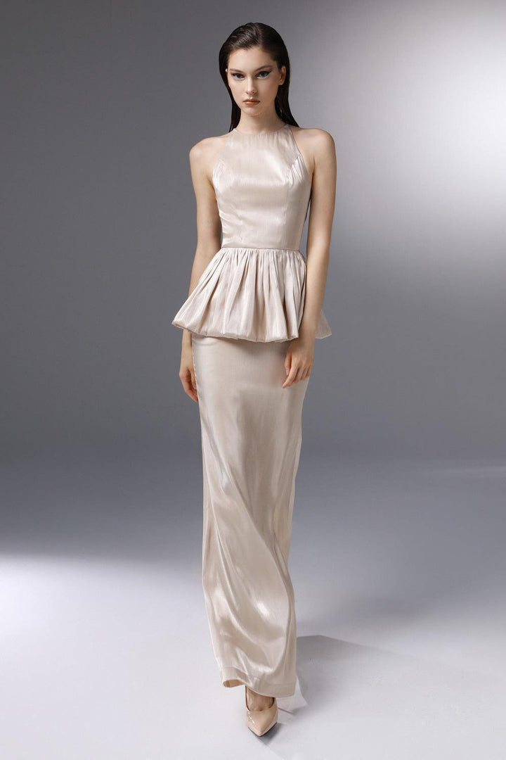 Candlelit Peplum Jewel Neck Silk Floor Length Dress - MEAN BLVD