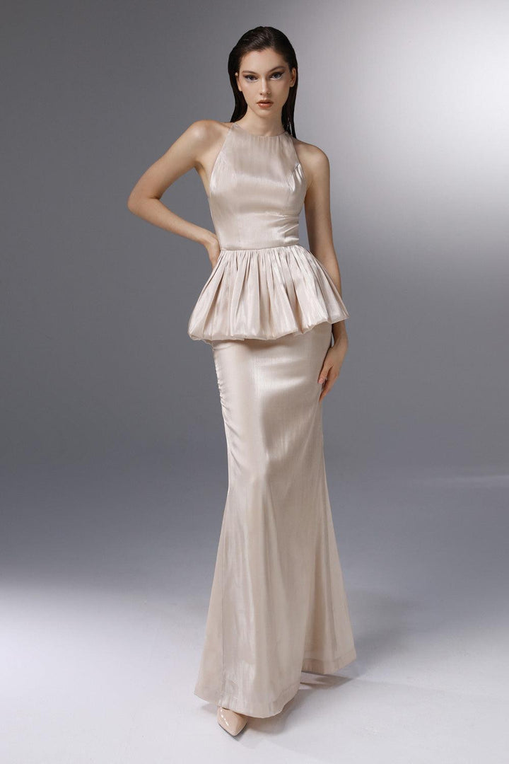 Candlelit Peplum Jewel Neck Silk Floor Length Dress - MEAN BLVD