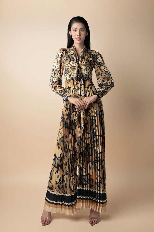 Cape A-line Pleated Latin Silk Maxi Dress - MEAN BLVD