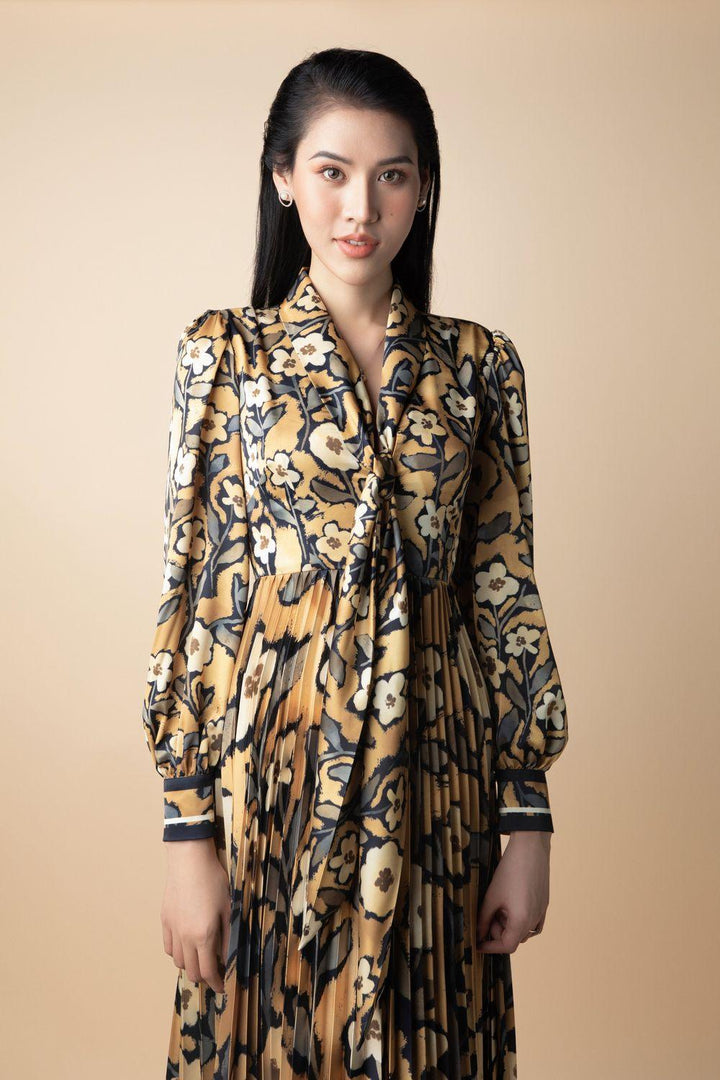 Cape A-line Pleated Latin Silk Maxi Dress - MEAN BLVD