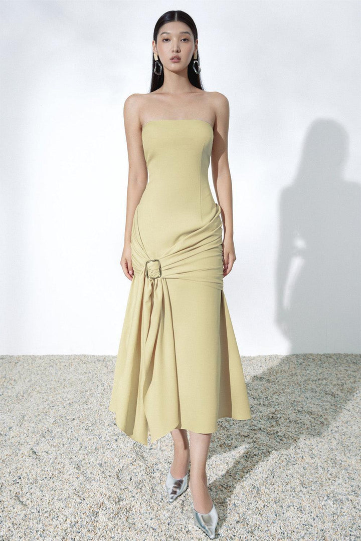 Cara Strapless Asymmetric Khaki Midi Dress - MEAN BLVD