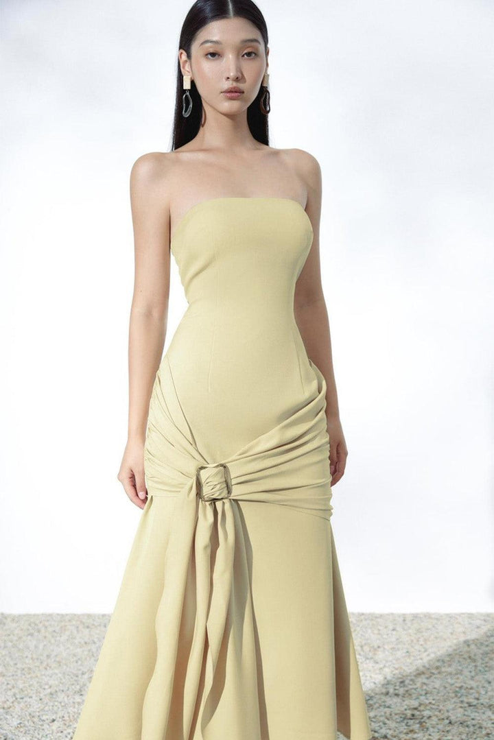 Cara Strapless Asymmetric Khaki Midi Dress - MEAN BLVD