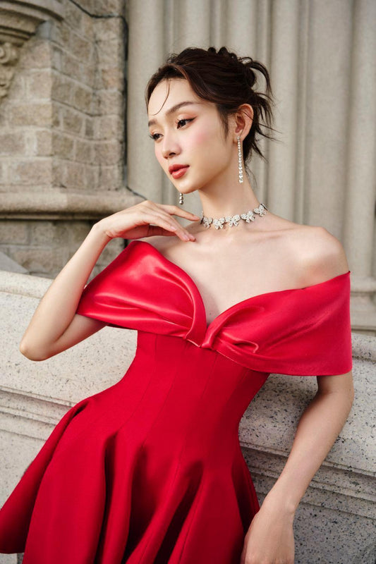 Carina A-line Off-Shoulder Duchess Satin Midi Dress - MEAN BLVD