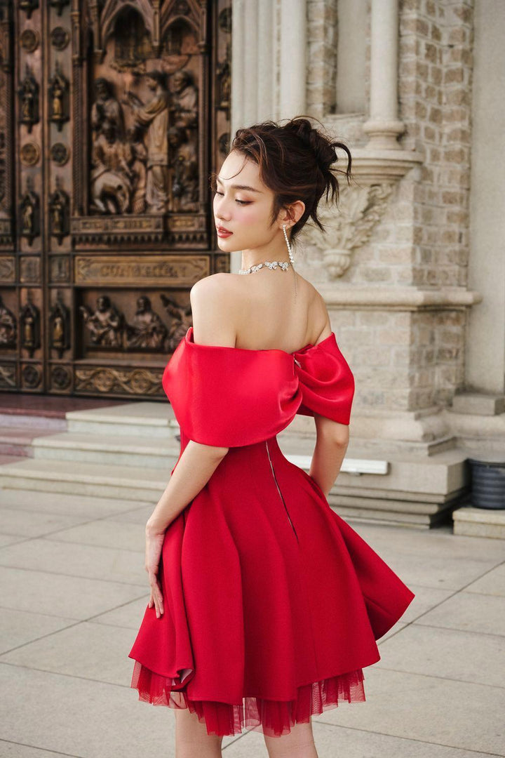 Carina A-line Off-Shoulder Duchess Satin Midi Dress - MEAN BLVD