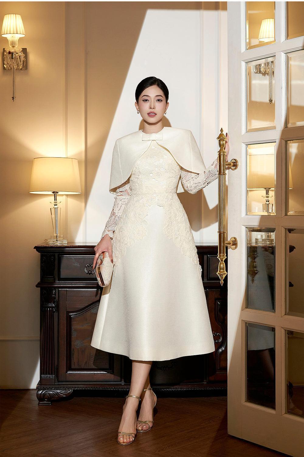 Women's Caris A-line Long Sleeved Taffeta Midi Dress S/M/L/XL Ivory White MEAN BLVD Women's Caris A-line Long Sleeved Taffeta Midi Dress S/M/L/XL Ivory White MEAN BLVD