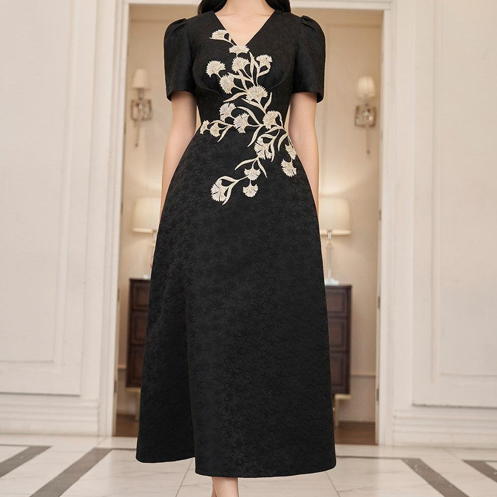 Carnation A-line V-Neck Brocade Midi Dress - MEAN BLVD