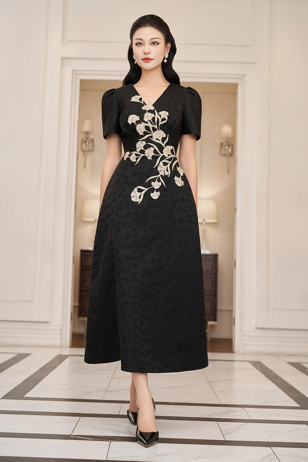 Women's Carnation A-line V-Neck Brocade Midi Dress S/M/L/XL/XXL Black MEAN BLVD Black / M Women's Carnation A-line V-Neck Brocade Midi Dress S/M/L/XL/XXL Black MEAN BLVD Black / M