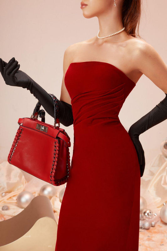 Carol Strapless Straight Across Neck Cotton Velvet Midi Dress - MEAN BLVD