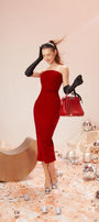 Carol Strapless Straight Across Neck Cotton Velvet Midi Dress - MEAN BLVD