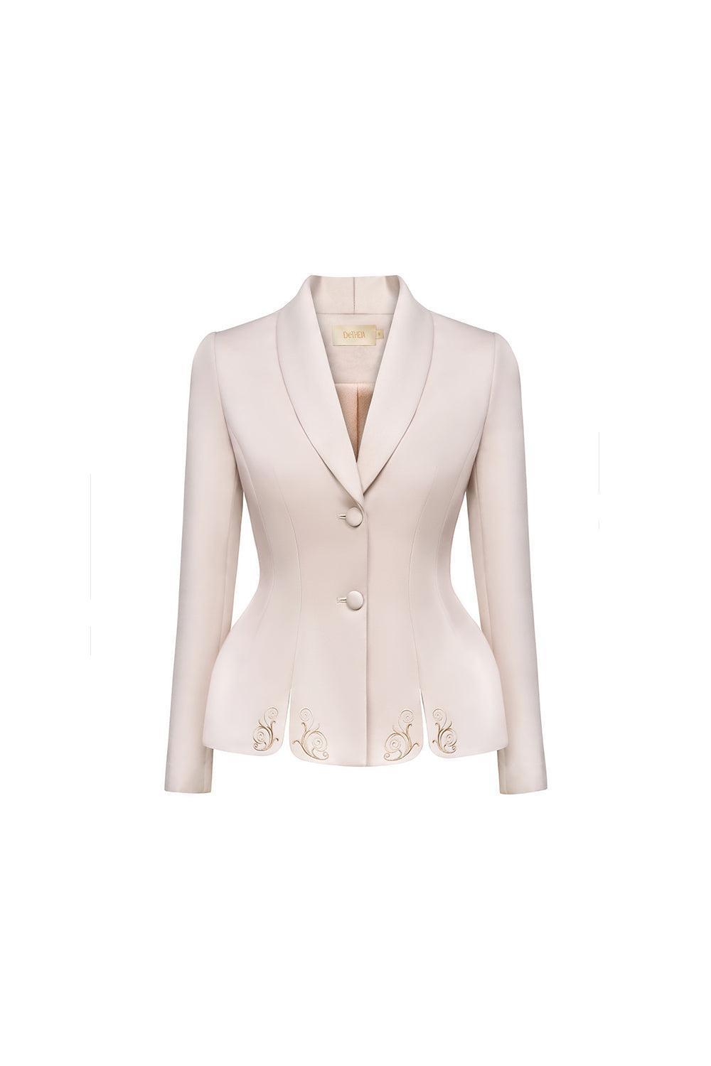 Women's Caroline Peplum Shawl Lapel Taffeta Jacket S/M/L Pink Nude/Beige Mean Blvd S / Beige