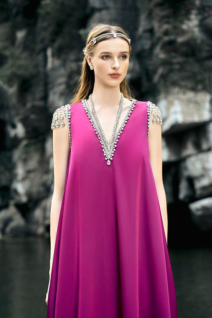 Caroline Trapezoid V-Neck Silk Floor Length Dress - MEAN BLVD