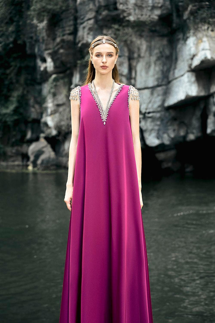 Caroline Trapezoid V-Neck Silk Floor Length Dress - MEAN BLVD