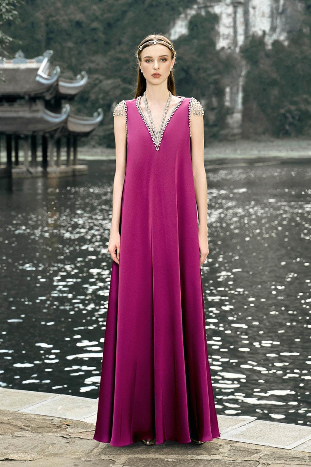 Caroline Trapezoid V-Neck Silk Floor Length Dress - MEAN BLVD