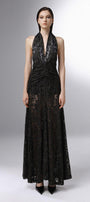 Cascade Halter Waist Pleated Embroidered Lace Ankle Length Dress - MEAN BLVD
