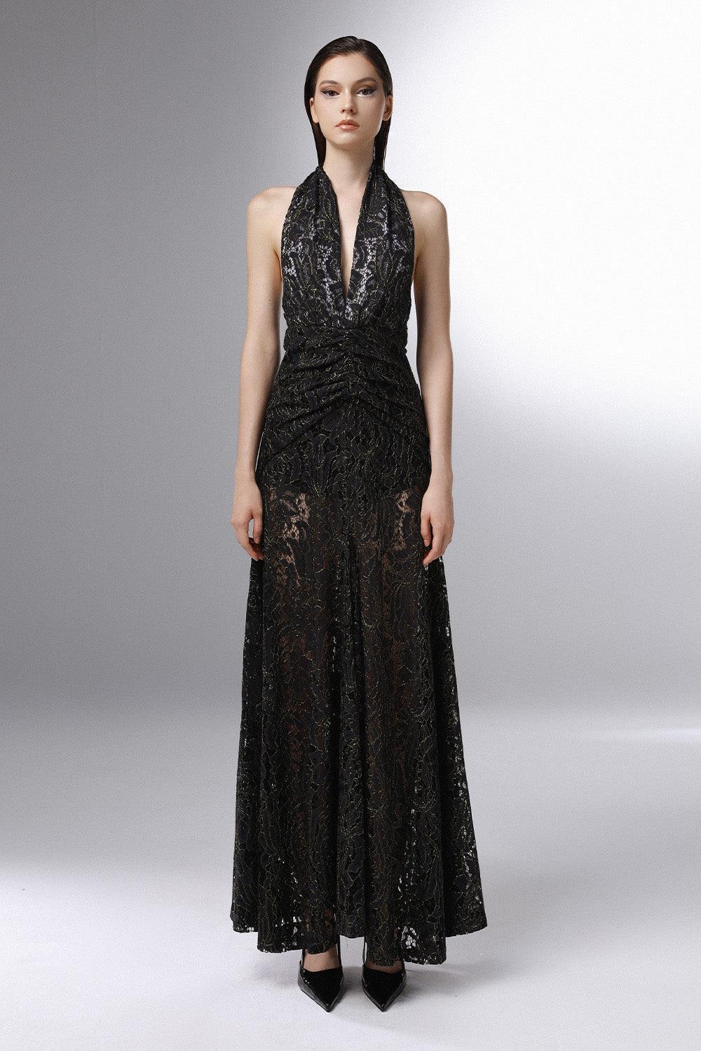 Cascade Halter Waist Pleated Embroidered Lace Ankle Length Dress - MEAN BLVD