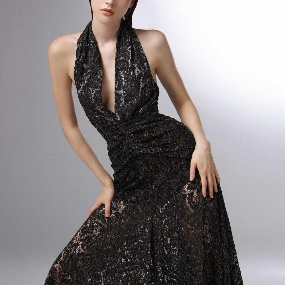 Cascade Halter Waist Pleated Embroidered Lace Ankle Length Dress - MEAN BLVD