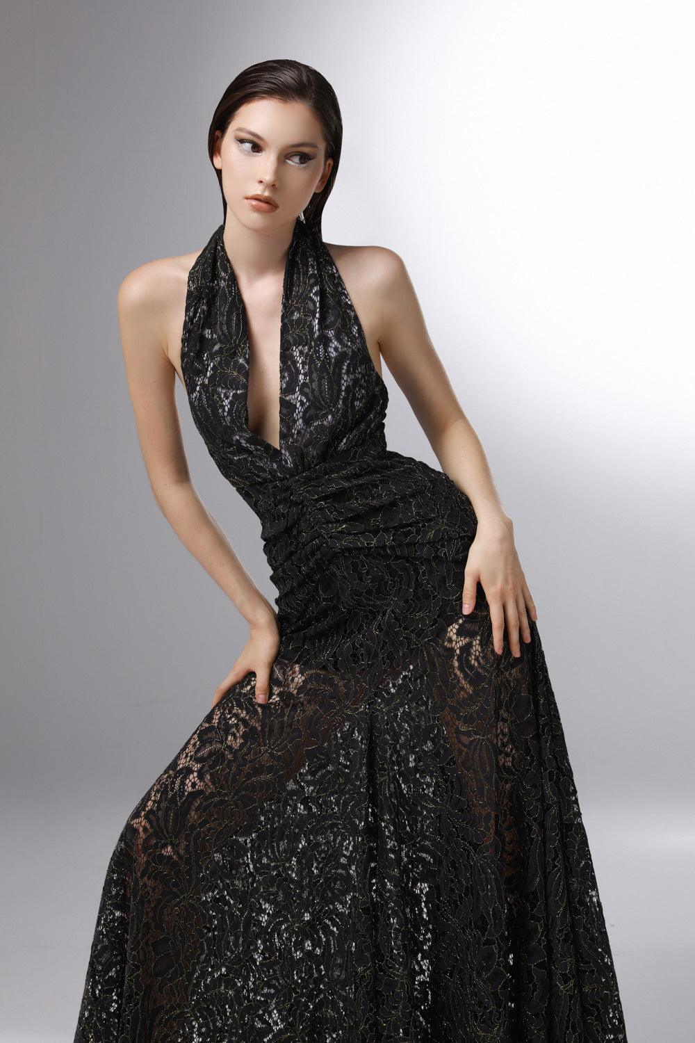 Cascade Halter Waist Pleated Embroidered Lace Ankle Length Dress - MEAN BLVD