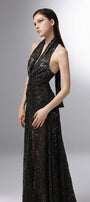 Cascade Halter Waist Pleated Embroidered Lace Ankle Length Dress - MEAN BLVD